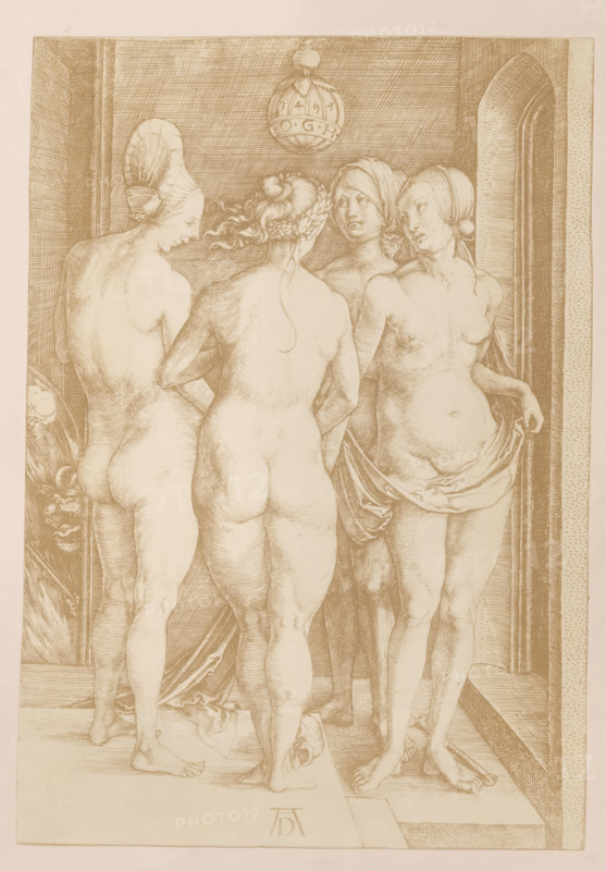 Photo reproduction of an engraving of four naked women by Albrecht Dürer, photograph, reproduction, inscription: 'Vanitas', after print by Albrecht Dürer, c. 1910 - c. 1940, Albrecht Dürer, photographer, after print by, pasteboard, paper, gelatin silver print, developing gelatin silver print, height 188 mm x width 131 mm, height 278 mm x width 205 mm, print, eg: engraving, etching, lithograph, woman (showing herself) undressed, quasi-nude