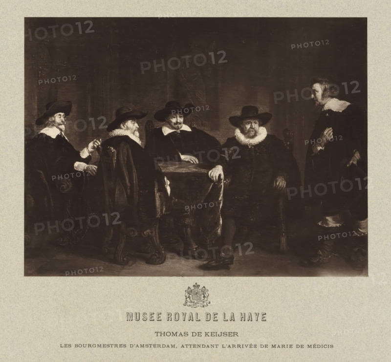 Photo reproduction of a painting by Thomas de Keyser, 'The Mayors of Amsterdam Learn of the Arrival of Maria de' Medici', photograph, publisher: Adolphe Braun & Cie., 1886, Adolphe Braun & Cie., publisher, pasteboard, paper, carbon print, paper on cardboard, height 205 mm x width 272 mm, A sepia-toned reproduction of a painting shows five men in period dress gathered around a table, four seated and one standing at the right edge, all wearing dark clothing with wide-brimmed hats and ruffled collars; the seated figures sit in ornate carved chairs and one rests a hand on a cane, while the standing man faces them with one hand raised toward his chest and the other behind his back; the scene is framed by a light textured border and a decorative crest appears below the image.