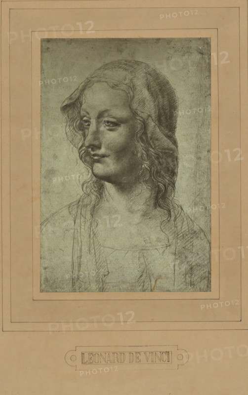 Photo reproduction of a drawing by Leonardo da Vinci (head of a woman), photograph, photographer: Adolphe Braun & Cie., 1880 - 1900, pasteboard, paper, carbon print, paper on cardboard, height 231 mm x width 155 mm, A framed pencil drawing of a person shown from the shoulders up facing slightly to the viewer's left, with long wavy hair partly covered by a thin head covering, softly modeled facial features including downcast eyes, a straight nose, and closed lips, and delicate shading and crosshatching throughout the hair, face, neck, and clothing, set against a textured muted background and mounted on a wide rectangular mat with layered borders.