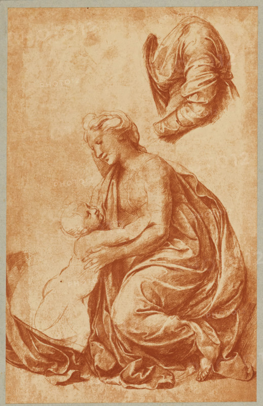 Photo reproduction of a drawing by Raphael (Madonna with child), photograph, photographer: Adolphe Braun & Cie., 1880 - 1900, pasteboard, paper, carbon print, paper on cardboard, height 322 mm x width 204 mm, A sepia-toned drawing on a textured paper background showing a seated figure draped in flowing cloth with visible folds and shading, the figure leaning forward with one arm extended toward a smaller figure who reaches upward; the seated figure has a softly rendered face and hair swept back, and the smaller figure is sketched with minimal detail. In the upper area of the image there is a separate study of a draped sleeve and bent arm rendered with strong lines and shadow. The composition is bordered by a narrow plain margin.