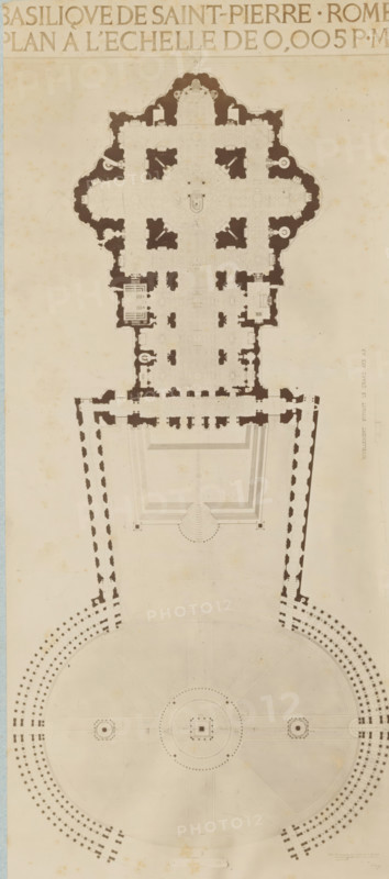 Photo reproduction of a map of St. Peter's Square and St. Peter's Basilica in Rome, BASILIQUE DE SAINT-PIERRE.ROME PLAN À L'ECHELLE DE 0.005 PM, photograph, reproduction, number: '40', photographer: Jean Pierre Emanuel Lampué, Europe, after print by anonymous, c. 1875 - c. 1900, Jean Pierre Emanuel Lampué, photographer, after print by, paper, pasteboard, albumen print, albumendruk, height 321 mm x width 140 mm, plan, architecture, Vatican City, St. Peter's Basilica, St. Peter's Square, A tall, vertical architectural drawing on aged paper showing a detailed floor plan of a large building connected to a broad semicircular plaza or forecourt, rendered in light tan and dark brown ink; the upper portion depicts a cruciform interior plan with rooms and niches shaded in dark brown and intricate patterning in the lighter areas, including a central circular space with surrounding smaller chambers and symmetrical arrangements; a rectangular entrance area with rows of shaded columns leads down to...
