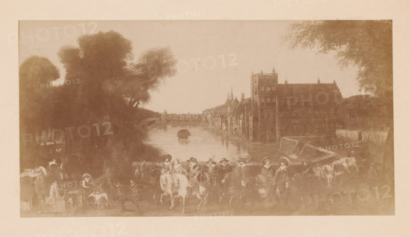 Photo reproduction of a painting of the Buitenhof, photograph, reproduction, annotation: 'The Buitenhof, May 1892, (after a painting in the St. Nicolaas Hospital in:) The Hague', annotation: 'The court in The Hague, after a painting in S. Nicolaas Hospital there, May 1892', after painting by anonymous, 1892, photographer, Attributed to, paper, pasteboard, albumen print, height 106 mm x width 201 mm, national government, pond, pool, The Hague, Buitenhof, A sepia-toned scene shows a river flanked by tall trees on the left and a large multi-storey building on the right, with smaller structures and a sloped roof visible along the riverbank; a boat sits in the water near the center and a rounded object floats farther back, while a bridge or walkway crosses the river in the distance. Along the foreground a group of people are gathered, some mounted on horses and others standing, many wearing wide-brimmed hats and period clothing; several dogs are near the people. The left side features dense...