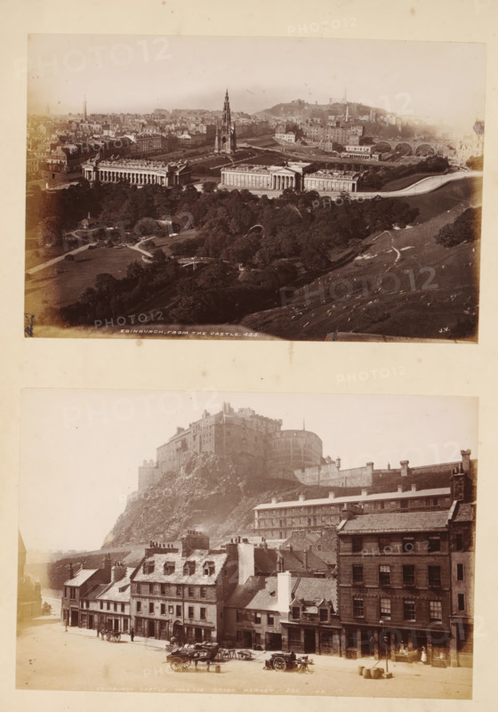 Edinburgh, from the castle, Edinburgh Castle, from the grass market, View of Edinburgh from Edinburgh Castle and Edinburgh Castle, album page, photograph, This page is part of an album., number: '230, JV', number: '485, c. 1875 - c. 1885, photographer, paper, albumen print, height 298 mm x width 236 mm, monument, statue, castle, A sepia-toned image composed of two wide photographic views mounted on a light background, the upper view showing a high vantage over a cityscape with a prominent Gothic spire rising from formal buildings set behind a tree-lined park, surrounding rooftops and streets stretching into the distance, arched bridges crossing a river, rolling grassy slopes in the foreground with paths and scattered trees, and the lower view depicting a rocky hill with a large stone fortress atop it, terraced buildings on the hillside, rows of multi-story stone and brick townhouses along a street, horse-drawn carts and wagons parked at the curb, and a few pedestrians visible on the pa...