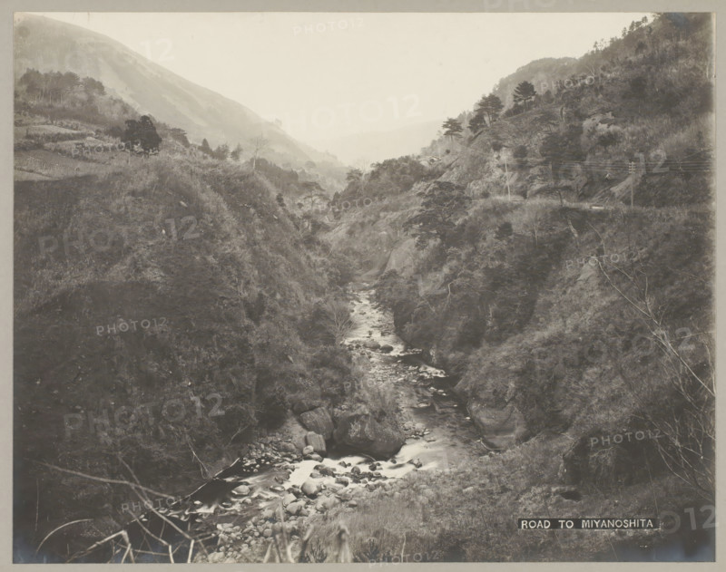 River between mountains, Kanagawa, Road to Miyanoshita, photograph, number: '16.', c. 1895 - c. 1915, photographer, Honshu, paper, pasteboard, gelatin silver print, developing gelatin silver print, height 229 mm x width 292 mm, height 243 mm x width 329 mm, A grayscale photograph of a narrow river flowing between steep, tree-covered hills with rocky banks, showing water cascading over boulders and winding toward a distant, misty valley; vegetation and scattered trees cover the slopes on both sides, with some bare branches and exposed rock faces visible, and utility poles with crossarms and wires stand on a hillside at one side of the scene.