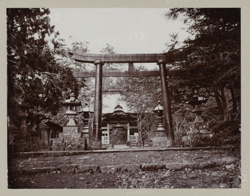 Torri, Ikaho, photograph, annotation: '43. Ikao.', c. 1895 - c. 1915, photographer, Kanto, paper, pasteboard, daylight collodion silver print, daylight collodion silver print on photo paper on cardboard, height 216 mm x width 279 mm, height 243 mm x width 329 mm, A large wooden torii gate stands centered in the scene with two tall vertical pillars and a curved horizontal lintel, flanked by stone lanterns on raised bases and stone steps leading toward the gate; behind the torii a smaller ornate wooden structure with a peaked roof and decorative carvings is visible, partially obscured by trees and foliage that frame both sides of the image, while the foreground shows a rough stone path and scattered small stones.