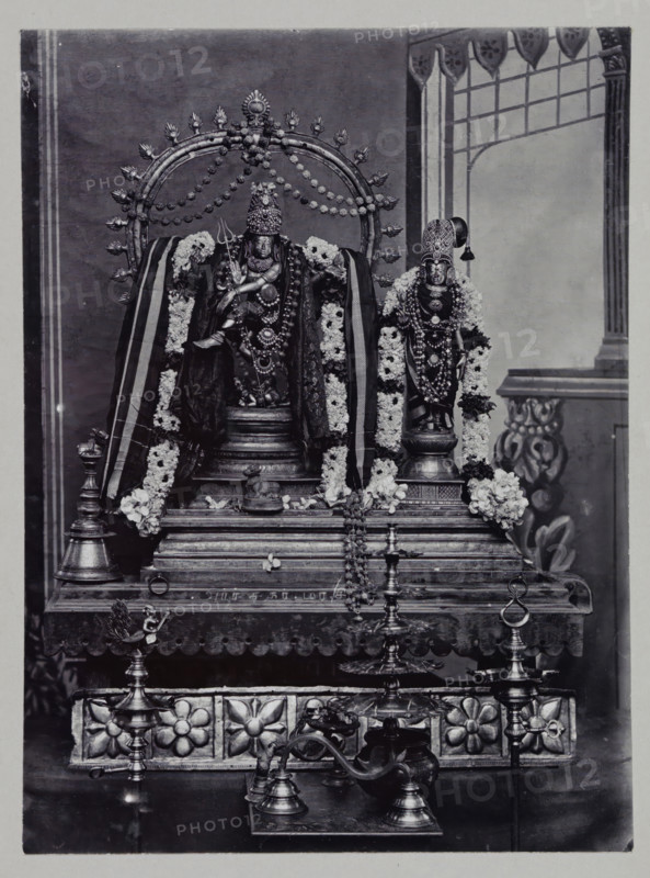 Sculptures for worship of Shiva-Nataraja and Parvati inside the Meenakshi temple at Madurai, Tamil Nadu, India, photograph, annotation: '77b. Temple at Madura.', Madurai, c. 1895 - c. 1915, photographer, South India, pasteboard, paper, daylight gelatin silver print, height 205 mm x width 151 mm, height 244 mm x width 164 mm, Person, Shiva, Parvati, A central ornate shrine with two decorated statues is shown on a raised platform; the larger statue on the left is seated within a circular halo adorned with small floral motifs and draped with patterned cloth and garlands of flowers, while the smaller statue on the right stands on a pedestal wearing a tall headdress and multiple garlands. The platform features carved floral panels and steps, with several metal oil lamps and a curved metal vessel arranged in front. The background includes a painted architectural scene with a column and an archway, and the entire composition is monochrome with varied textures of metal, fabric, and fresh flora...