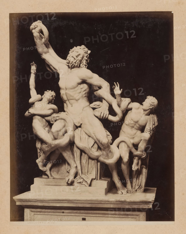 View of the Laocoön group in the Vatican Museums, album page, photograph, This photo is part of an album., inscription: '1330 LAOCOONTE M. Vat.', Vatican Museums, 1870 - c. 1895, photographer, Vatican City, paper, pasteboard, albumen print, height 259 mm x width 200 mm, piece of sculpture, reproduction of a piece of sculpture, Laocoon and his twin sons are strangled by two serpents during the preparations for a sacrifice, A photograph of a marble sculpture showing three male figures entwined with large snakes, each figure displaying tense muscles and expressive faces; the central figure is larger, bearded, leaning back with an arm raised and a contorted expression, while the figures on either side reach and struggle against the snakes that wrap around their limbs and torsos; the sculpture rests on a rectangular plinth with draped cloth carved at its base, set against a dark backdrop and bordered by a lighter mat.