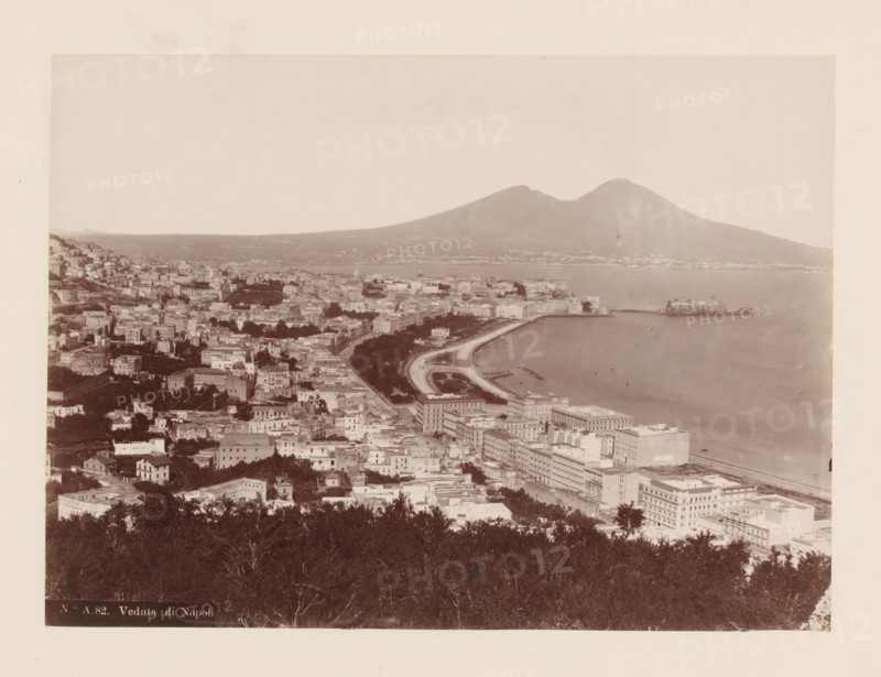 Veduta dit Napoli, View of the Bay of Naples and Mount Vesuvius, Italy, photograph, number: 'No. A.82.', Naples, 1851 - 1900, photographer, pasteboard, paper, albumen print, height 317 mm x width 445 mm, city-view in general, 'veduta', gulf, bay, volcano, A wide aerial view of a coastal city with a curved waterfront road and multiple densely packed buildings of varying sizes and styles stretching inland up a hillside, dark tree foliage in the foreground, a calm bay with a small fortress-like structure on a pier extending into the water, a long shoreline with promenades and docks, scattered small boats on the water, and a large volcanic mountain rising in the background under a pale sky.