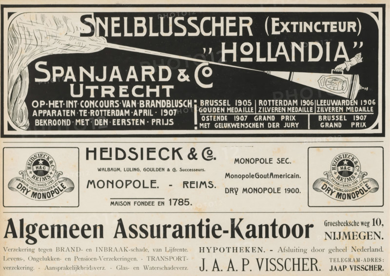 Advertisements, album page, Advertisements for, among others, Snelblusscher 'Hollandia', Heidsieck & Co., Algemeen Assurantie Kantoor and JAAP Visscher. This page is part of an album., Netherlands, in or after 1908, paper, printing, height 240 mm x width 324 mm, advertising, A printed poster fragment with a large dark rectangular block at the top containing a stylized illustration of a hand holding a long nozzle spraying a plume of fluid toward the left, decorative borders around the block, and bold graphic shapes; below that, a lighter rectangular section features two circular emblems in squared frames on either side and a central area with large, bold horizontal lettering and smaller lines of printed text; the bottom shows the top portion of a wider page filled with large bold heading type and several narrower lines of printed text beneath, all on a cream-colored, slightly aged paper background with small scattered spots.
