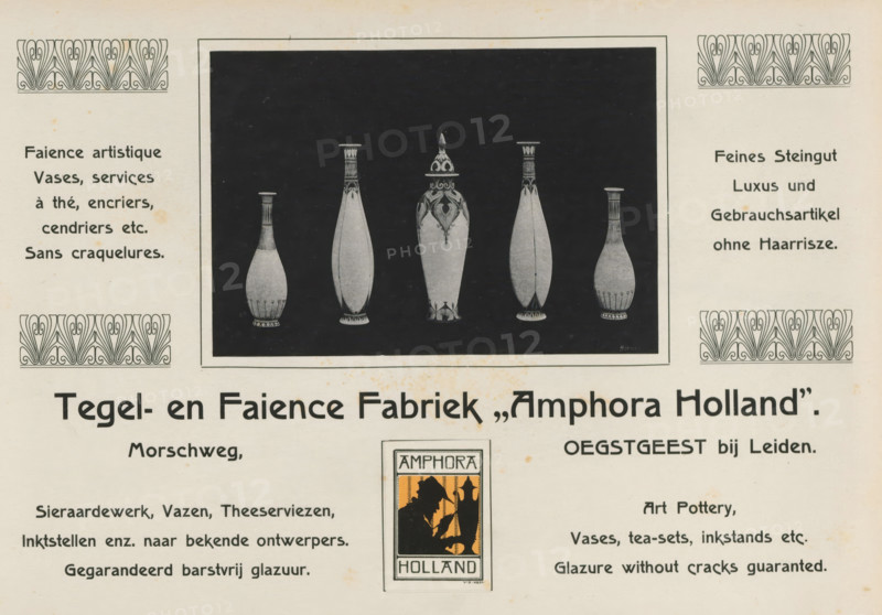 Advertisement of the Tile and Faience Factory 'Amphora Holland', album page, photomechanical print, This page is part of an album., Netherlands, in or after 1908, paper, printing, autotype, height 240 mm x width 324 mm, advertising, container of ceramics: jar, jug, pot, vase, A rectangular advertisement page showing a centered dark rectangular image of five tall decorative vases with varied shapes and ornate tops against a black background, flanked on both sides by vertical columns of decorative patterned borders and additional blank space; below the central image large bold headline lettering spans across the page and a small vertical rectangular emblem with a silhouetted figure and decorative border sits beneath the headline, with blocks of smaller text visible left and right and ornamental corner motifs near the top and middle edges.