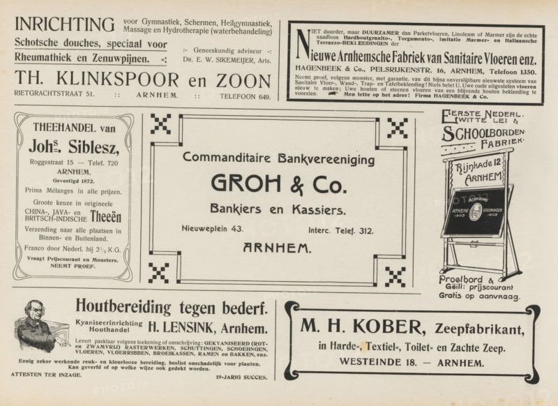 Advertisements, album page, Advertisements for, among others, Th. Klinkspoor and Son, New Arnhem Factory of Sanitary Floors etc. Hagenbeek & Co., Tea Trade of Johs. Siblesz, Limited Partnership Bank Groh & Co., First Dutch White Slate & Blackboard Factory, Kyanizing Facility & Timber Trade H. Lensink and Soap Manufacturer MH Kober. This page is part of an album., Netherlands, in or after 1908, paper, printing, height 240 mm x width 324 mm, advertising, The image shows a vintage newspaper page layout with multiple rectangular advertisement panels arranged across the page, decorative borders and ornamental corner designs, and varying typefaces; a large central bordered ad occupies the middle with a patterned corner motif and framed space; at right there is an illustrated easel stand holding a slanted board with a circular medallion-like design and an ornate top sign above the easel; the left column contains a narrow framed advertisement panel with decorative curved corners; the top area ...
