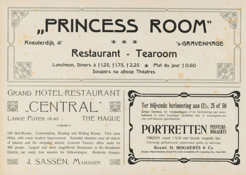 Advertisements, album page, Advertisements for, among others, 'Princess Room', Grand Hotel-Restaurant 'Central' and H. Bogaerts & Co. This page is part of an album., Netherlands, in or after 1908, paper, printing, height 240 mm x width 324 mm, advertising, A faded cream-colored printed page with decorative rectangular borders and floral corner ornaments, divided into sections by thin horizontal lines and ornate frames; bold dark geometric shapes and large typographic blocks appear at the top and center, with smaller blocks of printed lines and framed advertisement panels on the right; scattered light brown foxing spots and age stains are visible across the surface, and small decorative motifs flank some of the printed areas.