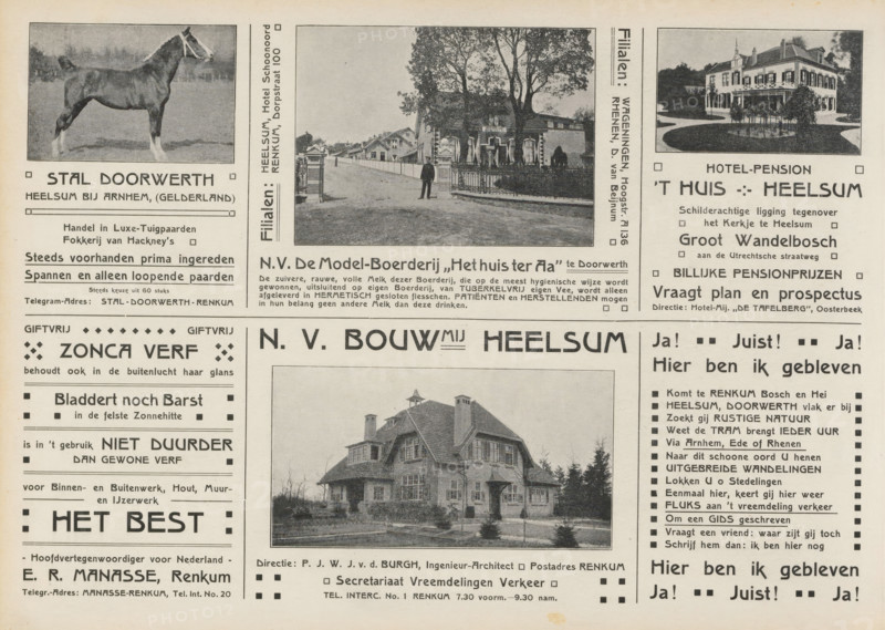 Advertisements, album page, photomechanical print, Advertisements for, among others, Stal Doorweerth, NV de Model-Boerderij het Huis ter Aa, Hotel pension 't Huis Heelsum, Zonca paint, and NV Bouwmij Heelsum. An autotype has been printed with almost all advertisements. This page is part of an album., Netherlands, in or after 1908, paper, printing, autotype, height 240 mm x width 324 mm, horse, advertising, civic architecture, edifices, dwellings, The image shows a vintage printed page with multiple black-and-white photographs and decorative layout blocks; visible are a side view photograph of a horse in a rectangular frame, a street scene with a man standing near an ornate gate and buildings with trees in the background, a large house with a rounded driveway and landscaped shrubbery, and a multi-story house with steep rooflines in another framed photograph, all surrounded by columns and boxed sections of printed content and ornamental borders.