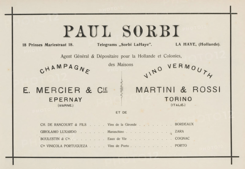 Advertisement for Paul Sorbi, album page, This page is part of an album., Netherlands, in or after 1908, paper, printing, height 240 mm x width 324 mm, advertising, The image shows a vintage printed document with a cream-colored background and a thin black border near the edges, divided by vertical and horizontal rules; large bold decorative headings appear centered at the top, with smaller lines of printed information beneath and curved words arcing above two central columns; the left and right halves each feature bold block names in large dark type, with smaller parenthetical words beneath them, and a narrow vertical ornamental divider sits between the columns; below these columns is a list of entries aligned in rows with dotted leader lines extending toward the right column, and the whole page has small spots and slight discoloration consistent with aged paper.