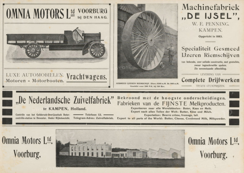 Advertisements, album page, photomechanical print, Advertisements for Omnia Motors Ltd, Machinefabriek de IJsel and De Nederlandsche Zuivelfabriek in Kampen. An autotype has been printed with some advertisements. This page is part of an album., Netherlands, in or after 1908, paper, printing, autotype, height 240 mm x width 324 mm, historical persons, exterior of industrial structures, factories, advertising, civic architecture, edifices, dwellings, A vintage printed advertisement page with a large illustration of a flatbed truck showing a side view with spoked wheels and a driver’s seat, a photographic image of a large spoked wheel propped upright next to a standing man, and a panoramic photograph of an industrial building complex; the layout includes rectangular framed sections, horizontal rules, and bold typographic blocks, with areas of aged paper discoloration and small foxing spots.