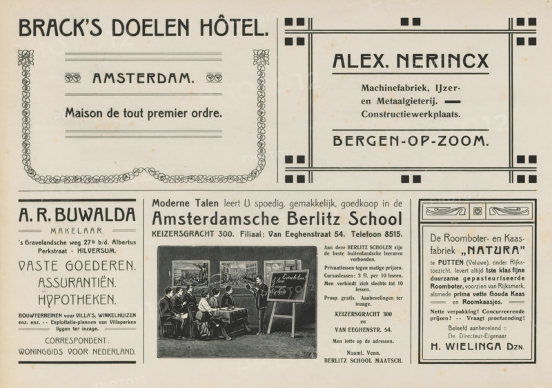 Advertisements, album page, Advertisements for, among others, Brack's Doelen Hotel, Alex Nerincx, AR Buwalda, Amsterdamsche Berlitz School and Natura Butter and Cheese Factory. This page is part of an album., Netherlands, in or after 1908, paper, printing, height 240 mm x width 324 mm, advertising, A rectangular printed page with multiple bordered advertisement panels arranged in rows, featuring decorative corner elements and horizontal rules, a large ornate rectangular frame at the top left filled with floral chain-like borderwork and horizontal lines, a tall rectangular panel at the top right enclosed by a double-line border with corner square motifs and a central area containing stacked centered lines, a narrower vertical column along the left edge containing stacked blocks of varying type sizes, a central illustration showing a classroom scene with seated figures facing a standing instructor at a blackboard, ornamental framed panels at the lower right with decorative header panels ...