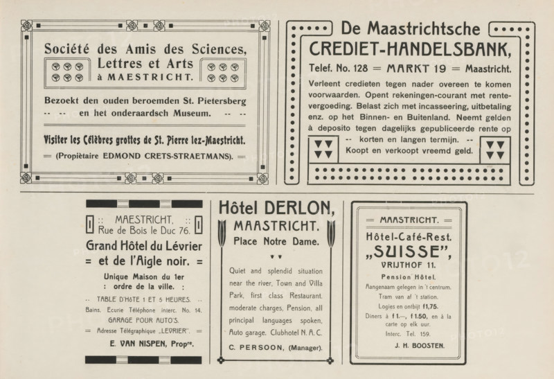 Advertisements, album page, Advertisements for, among others, Société des Amis de Sciences, Lettres et Arts à Maestricht, De Maastrichtse Crediet-Handelsbank, Grand Hôtel du Lévrier, Hôtel Derlon and Hôtel-Café-Rest. Suisse. This page is part of an album., Netherlands, in or after 1908, paper, printing, height 240 mm x width 324 mm, advertising, A section of a printed page with multiple rectangular advertisement panels arranged in a grid, each panel bordered with decorative lines and geometric corner motifs; the top left panel has a double-lined ornate frame with small circular emblem boxes and a central area filled with rows of printed lines; the top right panel features a dotted border with a thick inner frame and small triangular decorative clusters near the bottom corners; below, three vertical panels sit side by side separated by thin margins, the center panel framed with thin lines and small vertical decorative elements at the top and bottom, while the right panel has a rounded r...