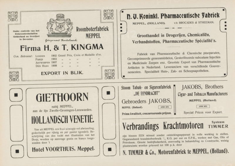 Advertisements, album page, Advertisements for, among others, Butter Factory Meppel Firma H. & T. Kingma, NV Koninkl. Pharmaceutical Factory v, h. Brocades & Steenman, Hotel Voorthuis, Steam Tobacco and Cigar Factory De Eendracht Gebr. Jakobs and N. Timmer & Co. Motor Factory. This page is part of an album., Netherlands, in or after 1908, paper, printing, height 240 mm x width 324 mm, advertising, A printed page showing multiple rectangular advertisement blocks with decorative borders and ornamental corner motifs, featuring a coat of arms with two lion figures supporting a shield topped by a cylindrical object, various ornamental flourishes, and large bold headings; several columns of smaller printed lines arranged in paragraphs, framed boxes with rounded inner squares, and a mix of bold and regular serif type; the paper has a light beige tone and slight aging marks near the edges.