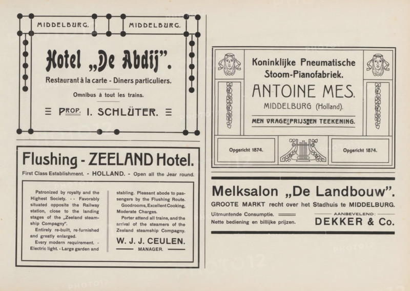 Advertisements, album page, Advertisements for, among others, Hotel de Abdij, Royal Pneumatic Steam Piano Factory Antoine Mes, Flushing-Zeeland Hotel and Milk Salon De Landbouw. This page is part of an album., Netherlands, in or after 1908, paper, printing, height 240 mm x width 324 mm, advertising, The image shows a vintage printed page with several framed advertisements arranged in a grid; the left side features a large rectangular ad with decorative corner dots and bold stylized heading lettering above smaller lines of copy, and below it another bordered ad with a wide bold headline and blocks of smaller paragraph text inside a double-lined frame; the right side displays a tall bordered advertisement with ornamental vertical panels containing small illustrated faces at the top and decorative floral columns, a central area with large heading type and smaller lines beneath, and a lower band containing a decorative lyre illustration flanked by boxed panels; thin black rules and borderl...