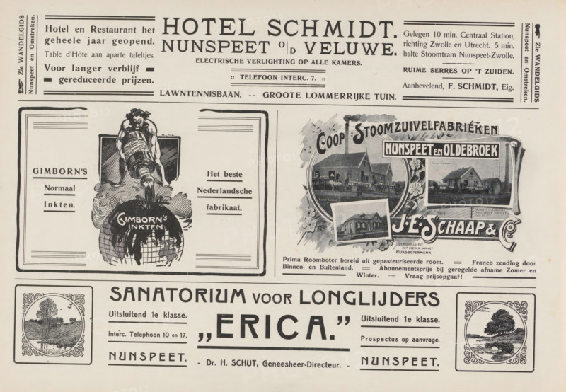 Advertisements, album page, photomechanical print, Advertisements for, among others, Hotel Schmidt, Gimborn's Inks, Coop Steam Dairy Factory JE Schaap&Co. and Sanatorium for Lung Patients Erica. This page is part of an album., Netherlands, in or after 1908, paper, printing, autotype, height 240 mm x width 324 mm, factory-building, advertising, The image shows a vintage printed page with decorative borders and multiple rectangular advertisement panels. At the top center is a large rectangular header with bold ornate lettering flanked by thin horizontal rules and small stacked rectangular text blocks. Below and to the left is an illustrated panel featuring a muscular figure pouring liquid from a large tilted container into a spherical vessel with textured shading and bold strokes, all enclosed by a thick bordered frame. To the right of that is an ornate panel with floral embellishments, oval and rectangular framed photographs or illustrations of buildings and a smokestack, and stylized b...
