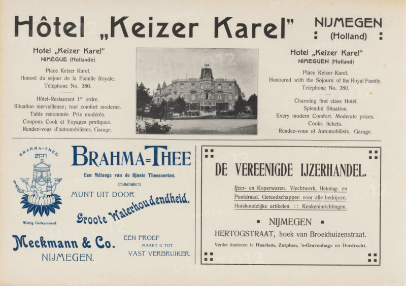 Advertisements, album page, photomechanical print, Advertisements for, among others, Hôtel Keizer Karel, Brahma Tea, and the United Ironmongery. An image is included next to the advertisement for Hôtel Keizer Karel. This page is part of an album., Netherlands, in or after 1908, paper, printing, autotype, height 240 mm x width 324 mm, advertising, hotel, hostelry, inn, The image shows a printed page with a central rectangular photograph of a multi-story building with a pitched roof and decorative cornices, surrounded by empty space and bordered sections; the top area features large bold headings, and the left and right columns each contain blocks of smaller printed paragraphs; below the photograph the left side contains a blue ornamental illustration of a seated multi-armed figure above stylized decorative lettering, while the right side contains a framed rectangular advertisement box with a bold title and multiple lines of smaller text; the page background is off-white with small age s...