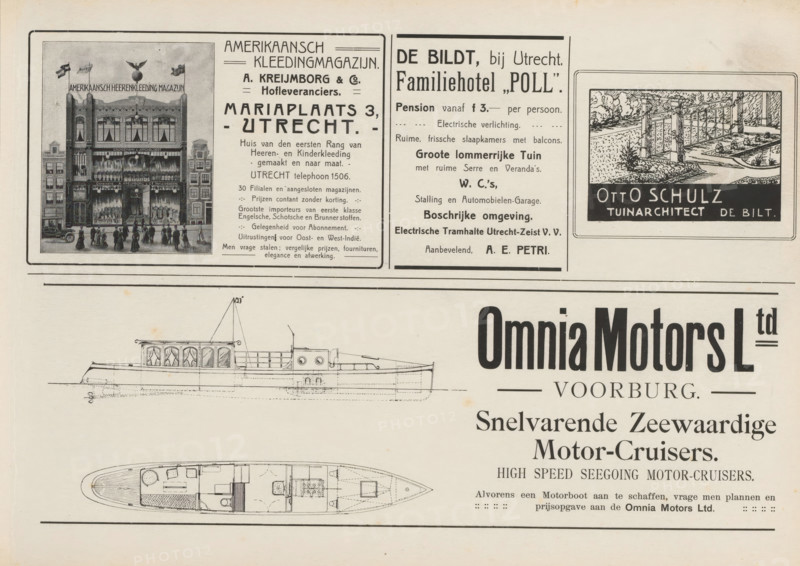 Advertisements, album page, photomechanical print, Advertisements for, among others, Amerikaansch Kledingmagazijn A. Kreijmborg, Familiehotel Poll, Landscape Architect Otto Schultz and Omnia Motors Ltd. This page is part of an album., Netherlands, in or after 1908, paper, printing, autotype, height 240 mm x width 324 mm, advertising, hotel, hostelry, inn, A printed advertisement page showing a detailed elevation drawing of a motor cruiser with a side view and an overhead deck plan, positioned beneath a horizontal border; above the boat drawings are three boxed panels containing illustrations and typographic blocks, including a rectangular panel with a building facade and small figures on a street, a narrow column with multiple lines of decorative text, and a square panel with a landscape sketch and a dark rectangular base; the sheet has light aging spots and thin black rule lines framing sections.
