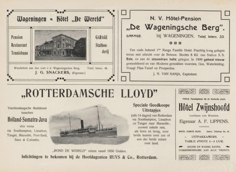 Advertisements, album page, photomechanical print, Advertisements for, among others, Wageningen Hotel De Wereld, NV Hôtel-Pension De Wageningsche Berg, Rotterdamsche Lloyd and Hôtel Zwijnshoofd. The advertisements for Hotel De Wereld and Rotterdamsche Lloyd are provided with an image. This page is part of an album., Netherlands, in or after 1908, paper, printing, autotype, height 240 mm x width 324 mm, advertising, hotel, hostelry, inn, ships (in general), The image shows a vintage printed page with boxed advertisement panels and ornamental borders, a small grayscale photograph of a multi-story brick building with a veranda and trees in front, a grayscale illustration of a steamship on water with masts and funnels, decorative corner motifs, and various blocks of printed type arranged around the images.