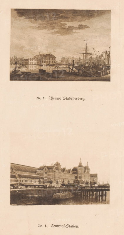 Two views of Amsterdam Central Station, one of which is a reproduction of a print of the new city inn by Caspar Jacobsz. Philips after Jan de Vlaming, No. 1. Central Station, No. 1. New City Inn, reproduction, photomechanical print, These prints are part of an album., after print by Caspar Jacobsz. Philips, after drawing by Jan de Vlaming, publisher: Johan Marinus Schalekamp, Amsterdam, 1890 - 1900, Caspar Jacobsz. Philips, after print by, paper, collotype, photoprint, height 348 mm x width 250 mm, height 98 mm x width 137 mm x height 101 mm x width 137 mm, city-view in general, 'veduta', station, shelter (railway, tramway), Amsterdam Central Station, A vertically oriented page with two sepia-toned rectangular images separated by a wide blank area. The top image shows a harbor scene with many sailing vessels clustered along the waterfront, masts and rigging forming a dense pattern, a large building set back from the water with smaller boats moored nearby, and a cloud-filled sky above. ...