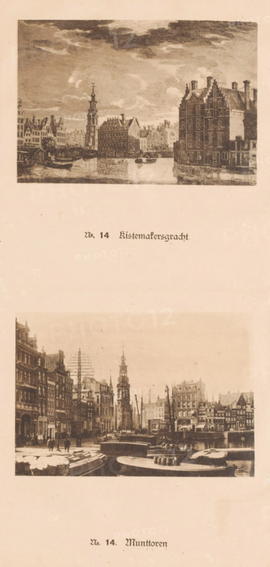 Two views of the Binnen-Amstel and the Munttoren in Amsterdam, one of which is a reproduction of a print by Paulus van Liender after Jan de Beijer, No. 14. Kistemakersgracht, No. 14. Munttoren, reproduction, photomechanical print, These prints are part of an album., after print by de Coppier, after drawing by Jan de Beijer, publisher: Johan Marinus Schalekamp, Amsterdam, 1890 - 1900, de Coppier, after print by, paper, collotype, photogravure, height 348 mm x width 250 mm, height 93 mm x width 137 mm x height 93 mm x width 136 mm, canals, waters (in city) (city(-scape) with figures, staffage), street (city(-scape) with figures, tower, clock tower, monumental adornment, Binnen-Amstel, Munttoren, English Houses, Doelensluis, A vertical page shows two sepia-toned images of a canal city with rows of tall narrow buildings along the water and boats moored at the quay; the upper image presents a waterfront view with a tall ornate clock or bell tower rising among gabled buildings, reflected in ...