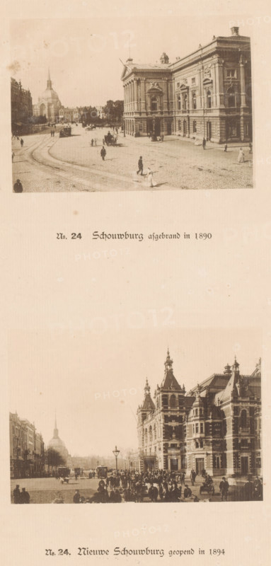 No. 24. Theatre burned down in 1890, Two views of the old and new Theatre on Leidseplein, No. 24. New Theatre opened in 1894, photomechanical print, These prints are part of an album., publisher: Johan Marinus Schalekamp, Amsterdam, 1894 - 1900, paper, collotype, photogravure, height 348 mm x width 250 mm, height 96 mm x width 134 mm x height 96 mm x width 139 mm, square, circus, etc. (city(-scape) with figures, staffage), theatre (building), Stadsschouwburg (Amsterdam), Schouwburg Leidseplein (1774-1890), Leidseplein, A vertically oriented, sepia-toned sheet shows two historic street scenes one above the other separated by blank space; in the upper scene a large ornate stone building with columns and sculpted details sits at a cobbled square with a few scattered pedestrians and a horse-drawn carriage, tram tracks curving across the foreground, and buildings and a domed church visible in the background; the lower scene depicts a grand multi-towered building with turrets and decorative ...