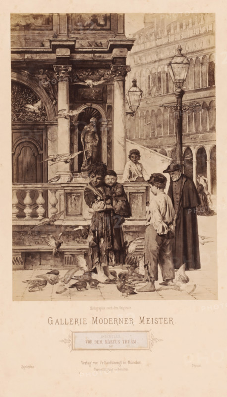 Reproduction of painting 'Vor dem Marcus Thurm' by Adolf Echtler (1843-1914), Gallerie Moderner Meister, photograph, Genre scene with a priest, children on a square., caption: 'Photographie nach dem Originale., GALLERIE MODERNER MEISTER, A. Echtler: VOR DEM MARCUS THURM., Registered, Verlag von Fr. Hanfstaengl in Munich, Vervielfältigung vorbehalten, Déposé', photographer: Franz Hanfstaengl Kunstverlag A.-G., Munich, c. 1880 - c. 1900, Bavaria, pasteboard, paper, albumen print, height 247 mm x width 174 mm, height 478 mm x width 319 mm, A sepia-toned street scene shows an ornate stone building facade with columns, balustrades, and a sculpted figure in a niche, flanked by two tall lamp posts and an arcade of arches in the background; several pigeons are flying and pecking on the ground. In front of the building, a woman in a worn dress stands holding a small child while another child in tattered clothing stands nearby looking down; a man wearing a dark long coat and hat stands beside th...
