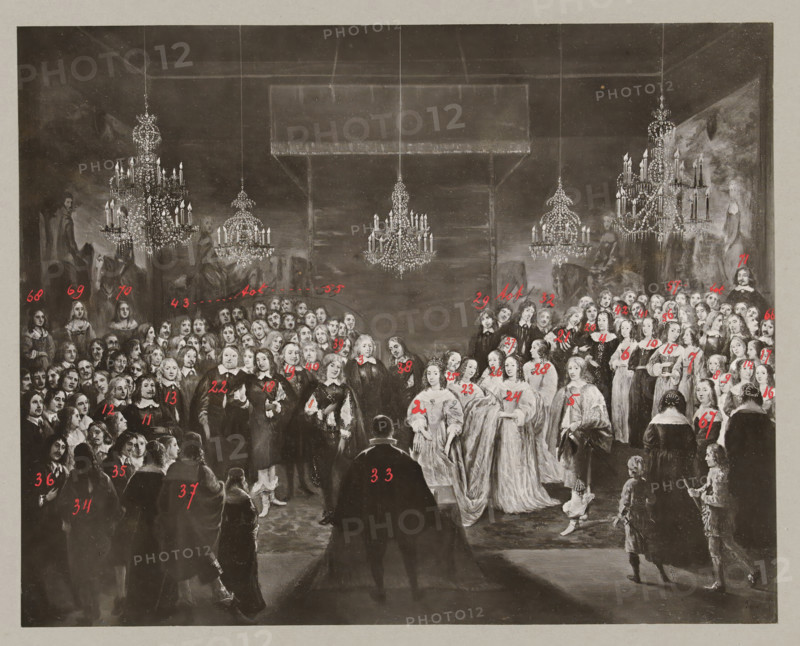 Marriage of Princess Louise Henriëtte to Frederick William, Elector of Brandenburg, 1646, photograph, historical object representation, The marriage of Princess Louise Henriëtte, Princess of Orange, to Frederick William, on December 7, at Het Oude Hof Palace (Noordeinde Palace) in The Hague. Photograph of the painting of the wedding by Jan Mijtens on which numbers are written in red paint next to all depicted persons. Accompanying this photograph is a photogravure with a legend of the depicted persons., photographer: Antoine Johan Marinus Steinmetz, The Hague, after painting by Jan Mijtens, 1903 - 1931, pasteboard, paper, photography, photograph pasted onto cardboard, with numbers in red paint, height 196 mm x width 247 mm, The painting is in the collection of the Musée des Beaux-Arts de Rennes, Rennes, Person, Louise Henriëtte (Princess of Orange), Frederick William of Brandenburg (I), (civil) marriage ceremonies, Noordeinde Palace, Period, 1646-12-07, A large monochrome painting of a...