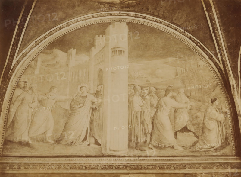 Photo reproduction of fresco The Saint Stephen Led to Martyrdom and Stoning of Saint Stephen, by Fra Angelico, Chapel of Nicholas V, Vatican, Santo Stefano condotto al martirio. - Lapidazione del medisimo, album page, photograph, reproduction, This photo is part of an album., inscription: '(Ed.ne Alinari) Pe 2.a No 7490. ROMA - Vaticano, Capella di Niccolò V. Santo Stefano condotto al martirio. - Lapidazione del medisimo. (Beato Angelico.)', photographer: Fratelli Alinari, Vatican Museums, after painting by Fra Angelico, Florence, c. 1860 - c. 1900, Tuscany, Vatican City, paper, albumen print, height 325 mm x width 438 mm, picture, painting, the deacon and (proto)martyr Stephen, possible attributes: censer, stones, A large arched fresco spanning the image shows multiple robed figures arranged on either side of a tall column that divides the composition, with architectural towers and battlements in the background and rolling hills beyond; decorative painted ribs frame the arch, and a pa...