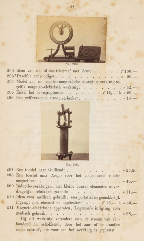 Two physics instruments, photograph, page, Above a model of a pointer telegraph, below a self-acting circuit breaker., number: 'No. 202., No. 206.', photographer: Fredrich Wilhelm Funckler, Netherlands, c. 1857 - in or before 1867, paper, albumen print, height 222 mm x width 133 mm, Photos on page 17., physics (tools, instruments, laboratory equipment, scientific research), A vertically oriented aged page with foxing and stains, featuring two mounted sepia photographs of mechanical apparatuses centered on the page; the upper photograph shows a flat base supporting a circular ring with a central decorative element and adjacent rectangular components, while the lower photograph depicts a tall cylindrical coil topped with a small assembly of metal contacts and levers, all images surrounded by blank margin and surrounded by lines of printed text above and below.