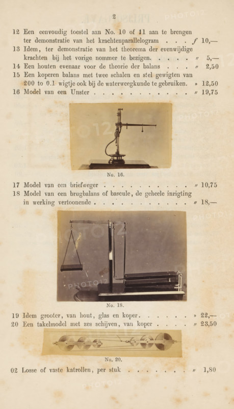 Three photographs of physics instruments, photograph, page, Above a model of a steelyard balance, in the middle a model of a bridge balance, below a branch model with six pulleys., number: 'No. 16., No. 18., No. 20.', photographer: Fredrich Wilhelm Funckler, Netherlands, c. 1857 - in or before 1867, paper, albumen print, height 222 mm x width 133 mm, Photographs on page 2., physics (tools, instruments, laboratory equipment, scientific research), A vertical page with a light tan background and scattered darker stains showing three sepia photographs of different mechanical scales mounted on the page, each photograph centered in its section and bordered by the aged paper; the top photograph shows a vertical stand with a horizontal arm and a small suspended weight over a rectangular base, the middle photograph shows a beam balance with a hanging pan on one side and a set of horizontal sliding weights on the other supported by a central vertical post, and the bottom narrow photograph shows ...