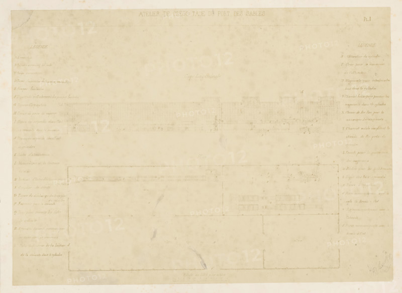 Photo reproduction of a front view and a floor plan of a creosoting workshop, photograph, reproduction, signature: 'B. Crolet', photographer: B. Crolet (possibly), France, after design by anonymous, in or before 1867, paper, pasteboard, albumen print, height 332 mm x width 441 mm, plan, architecture, workshop, A faded, sepia-toned technical drawing fills the image, showing a large rectangular sheet with faint pencil lines and delicate, precise architectural and mechanical sketches arranged horizontally; the top third contains a long, detailed elevation or sectional drawing with grid-like structures and small mechanical components, while the middle shows a long plan view with boxy outlines and evenly spaced small marks; the lower portion features a large rectangular outline with faint internal details and a smaller detailed inset with tiny compartments; the left and right margins contain narrow columns of faint handwritten annotations rendered lightly in pencil; the paper surface shows ...