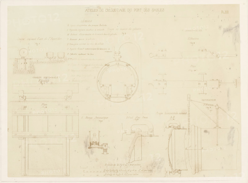 Photo reproduction of design drawings of pumps, clamps, and rails for a creosoting workshop, photograph, reproduction, signature: 'B. Crolet', photographer: B. Crolet (possibly), France, after design by anonymous, in or before 1867, paper, pasteboard, albumen print, height 332 mm x width 441 mm, design, plan (, production), pump, A faded technical drawing on aged paper showing multiple detailed mechanical diagrams and cross-sections in fine brown ink, including a large circular cross-section with internal fittings near the top center, rectangular framed structures toward the lower left, a rail-like elongated component with mounting brackets near the upper right, a pulley or chain assembly with a curved panel on the right side, smaller sectional views and apparatus sketches scattered across the sheet, smudges and areas of darker wear around the edges, and a narrow unadorned border surrounding the sheet.