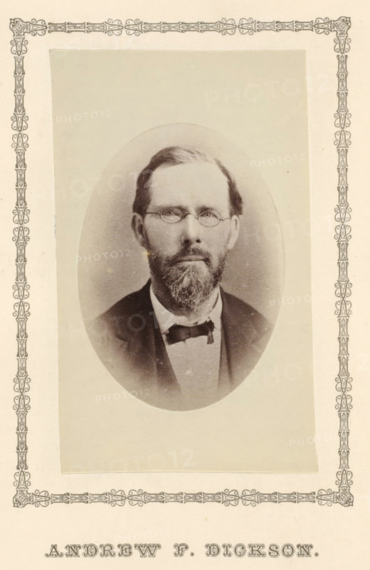 Andrew F. Dickson, photograph, page, c. 1876 - in or before 1881, photographer, paper, albumen print, height 99 mm x width 59 mm, adult man, A sepia-toned oval portrait of a man with a beard and mustache wearing round spectacles and a dark jacket over a light shirt with a bow tie, mounted on a rectangular paper with a decorative border.