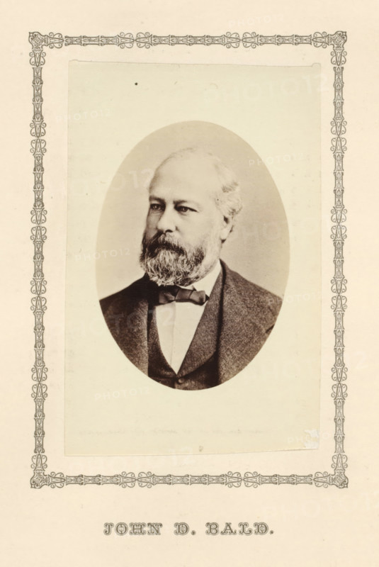 John D. Bald, photograph, page, c. 1876 - in or before 1881, photographer, paper, albumen print, height 95 mm x width 64 mm, adult man, An oval sepia portrait of a middle-aged man with a full beard and mustache, light-colored hair, and a serious expression, shown from the chest up wearing a dark suit jacket, waistcoat, white shirt, and a bow tie, centered on a pale rectangular mat with an ornate decorative border around the mat and some small spots and signs of age on the paper.