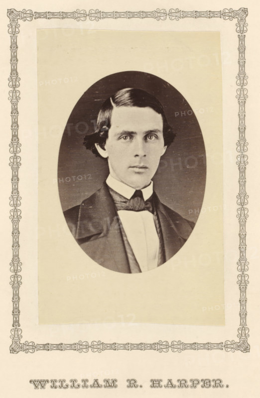 William R. Harper, photograph, page, c. 1876 - in or before 1881, photographer, paper, albumen print, height 98 mm x width 61 mm, adult man, A sepia-toned oval portrait of a young man with dark hair combed to the side, wearing a dark jacket, white shirt, and bow tie, mounted on a rectangular pale background and surrounded by an ornate decorative border on a larger sheet.