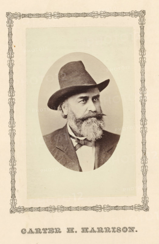 Carter H. Harrison, photograph, page, c. 1876 - in or before 1881, photographer, paper, albumen print, height 96 mm x width 63 mm, Person, Carter Harrison Sr., mayor, burgomaster, An oval sepia portrait of a bearded man wearing a dark wide-brimmed hat, a suit jacket, a bow tie, and a collared shirt, set on a light rectangular background with an ornate decorative border around the page.