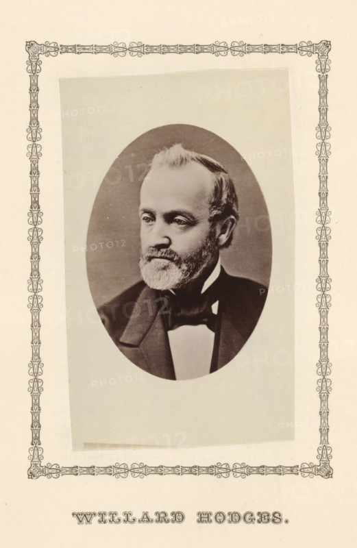 Willard Hodges, photograph, page, c. 1876 - in or before 1881, photographer, paper, albumen print, height 99 mm x width 58 mm, Person, politician, eg party leader, A sepia-toned oval portrait of a middle-aged man with a short beard and mustache, wearing a dark suit jacket and bow tie, set on a lighter rectangular backing that is slightly tilted within an ornate decorative border on a cream-colored background.