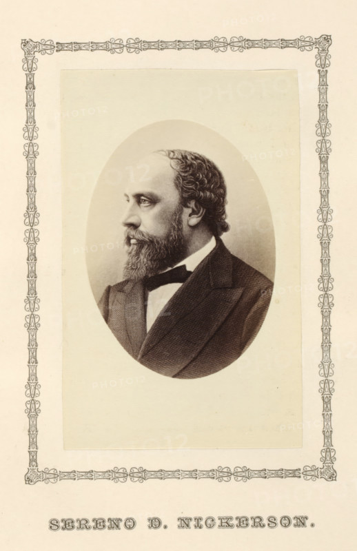 Sereno D. Nickerson, photograph, reproduction, page, after print by anonymous, c. 1876 - in or before 1881, photographer, after print by, paper, albumen print, height 84 mm x width 62 mm, adult man, An oval portrait of a bearded man in profile facing left, showing curly hair, a full beard, and a mustache, wearing a dark suit jacket, white shirt, and bow tie, set on a pale rectangular background with a decorative patterned border around the page.