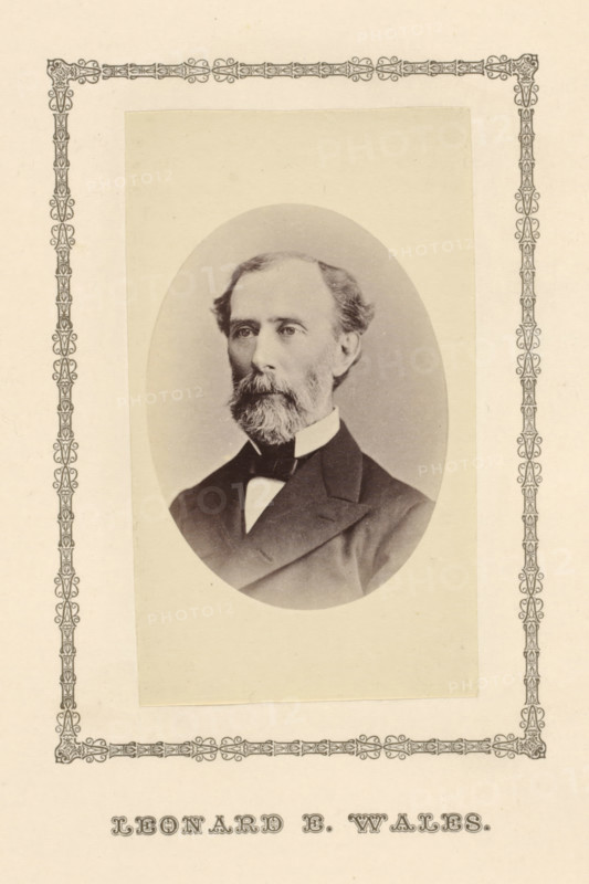 Leonard E. Wales, photograph, page, c. 1876 - in or before 1881, photographer, paper, albumen print, height 95 mm x width 56 mm, Person, Leonard Eugene Wales, magistracy, judges, A sepia-toned oval portrait of a middle-aged man with a beard and mustache, shown from the chest up, wearing a dark suit jacket, a white shirt with a high collar, and a dark bow tie; the portrait is mounted on a pale rectangular backing and surrounded by an ornate decorative border printed on the page.
