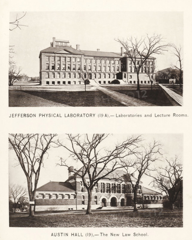Jefferson Physical Laboratory, Austin Hall, page, photomechanical print, number: '(19 A) (19)', Cambridge (MA), c. 1881 - in or before 1886, North America, Massachusetts, paper, collotype, photoprint, height 168 mm x width 126 mm, Prints opposite page 36., facade (of house or building), university building, college, laboratory, research room, Harvard College, A sepia-toned photograph shows two large stone buildings on grassy grounds with leafless trees in front; the top building is a multi-story rectangular structure with many evenly spaced windows, a central entrance reached by steps, and a low pitched roof with chimneys, while the lower building features arched entrances, a tiled facade pattern, and a broad roof partially obscured by tree branches, with open lawns and walkways visible between and around the buildings.