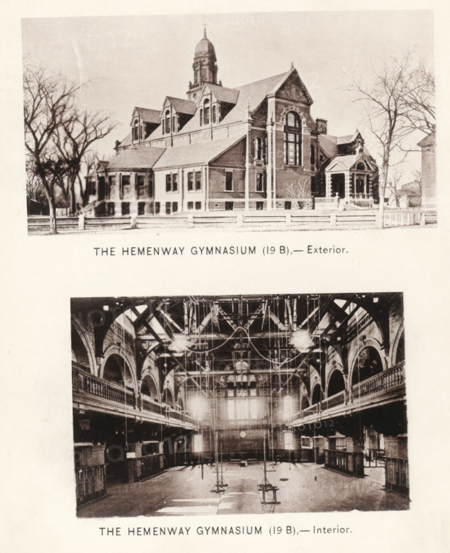 The Hemenway Gymnasium, page, photomechanical print, number: '(19 B) (19 B)', Cambridge (MA), c. 1881 - in or before 1886, North America, Massachusetts, paper, collotype, photoprint, height 168 mm x width 126 mm, Prints opposite page 38., facade (of house or building), university building, college, interior, representation of a building, Harvard College, A sepia-toned page shows two photographs stacked vertically. The upper photograph depicts a large brick building with a steeply pitched roof, dormer windows, a central tower with a domed top, tall arched windows on a prominent gable end, and a covered entrance with columns; leafless trees and a low fence appear in front. The lower photograph shows an interior space with a high arched ceiling, rows of balconies with balustrades along both sides, hanging ropes and gym apparatus suspended from the ceiling, a wooden floor beneath, and light fixtures hanging down.