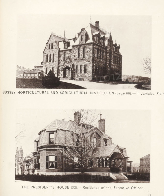 The president's house, Bussey horticultural and agricultural institution, page, photomechanical print, number: '(32)', Cambridge (MA), c. 1881 - in or before 1886, North America, Massachusetts, paper, collotype, photoprint, height 168 mm x width 126 mm, Prints opposite page 66., facade (of house or building), university building, college, Harvard College, A photograph shows two separate historic stone and brick buildings stacked vertically on the page; the upper image depicts a large stone building with steep slate roofs, ornate roof finials, multiple dormer windows, a central arched entrance with stone steps, tall narrow windows, and surrounding low landscaping with a curved driveway and distant trees, while the lower image shows a brick house with a steeply pitched roof, a prominent corner bay with dormer windows, a front porch with decorative supports, a leafless tree partially obscuring the facade, steps leading up to a raised entrance, and trimmed hedges along the sidewalk.