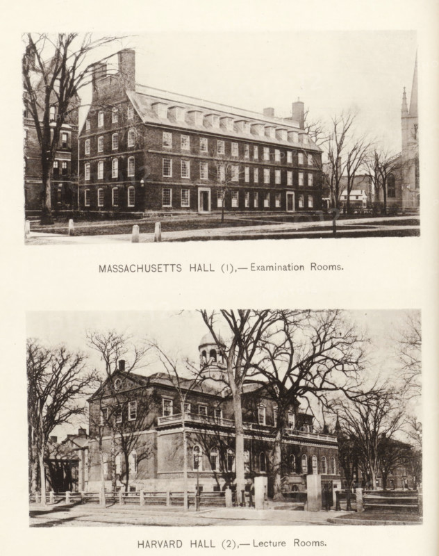Massachusetts Hall, Harvard Hall, page, photomechanical print, number: '(1) (2)', Cambridge (MA), c. 1881 - in or before 1886, North America, Massachusetts, paper, collotype, photoprint, height 168 mm x width 126 mm, Prints opposite page 11., facade (of house or building), university building, college, Harvard College, A sepia-toned photograph shows two separate historic brick buildings framed vertically on the same page, the upper image depicting a rectangular multi-story brick hall with rows of windows across each floor, a sloped roof with dormer windows, chimneys, bare trees in front, and a paved walkway and low stone posts along the lawn, while the lower image shows another brick building with a balustraded roofline, arched windows on the ground floor, a cupola partially visible behind leafless trees, a fenced front yard with stone pillars and gateposts, and a street foreground.