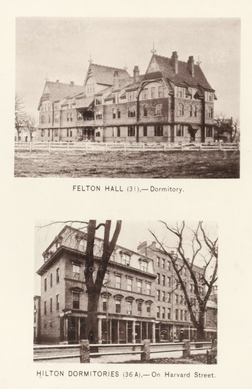Hilton dormitories, Felton Hall, page, photomechanical print, number: '(31) (36 A)', Cambridge (MA), c. 1881 - in or before 1886, North America, Massachusetts, paper, collotype, photoprint, height 168 mm x width 126 mm, Prints opposite page 74., facade (of house or building), university building, college, Harvard College, A sepia-toned page showing two photographic images of multi-story brick buildings with pitched roofs and numerous windows; the upper photograph depicts a large, ornate dormitory set behind a low fence with a grassy foreground and bare trees at the edges, while the lower photograph shows a street-facing row of connected buildings with ground-level storefronts, tall trees without leaves in front, and stone posts along the sidewalk.