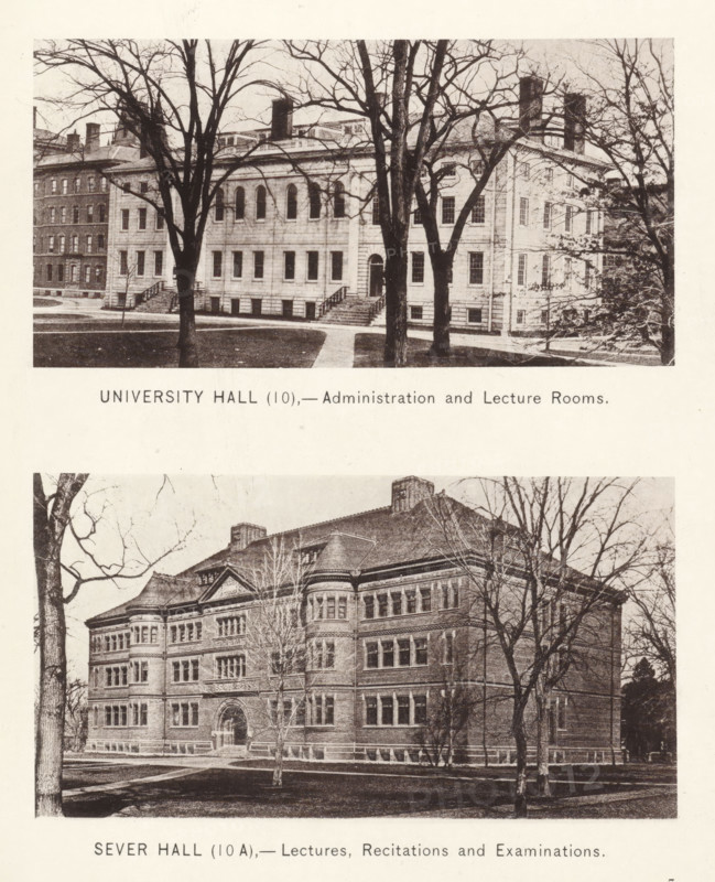 Sever Hall, University Hall, page, photomechanical print, number: '(10) (10 A)', Cambridge (MA), c. 1881 - in or before 1886, North America, Massachusetts, paper, collotype, photoprint, height 168 mm x width 126 mm, Prints opposite page 28., facade (of house or building), university building, college, Harvard College, A sepia-toned photograph of two large multi-story brick buildings framed by leafless trees, each building showing rows of windows, arched doorways with steps leading up to them, and architectural detailing along the rooflines; grassy lawns and paved walkways run in front of the buildings, and bare tree trunks and branches occupy the foreground and edges of the image.